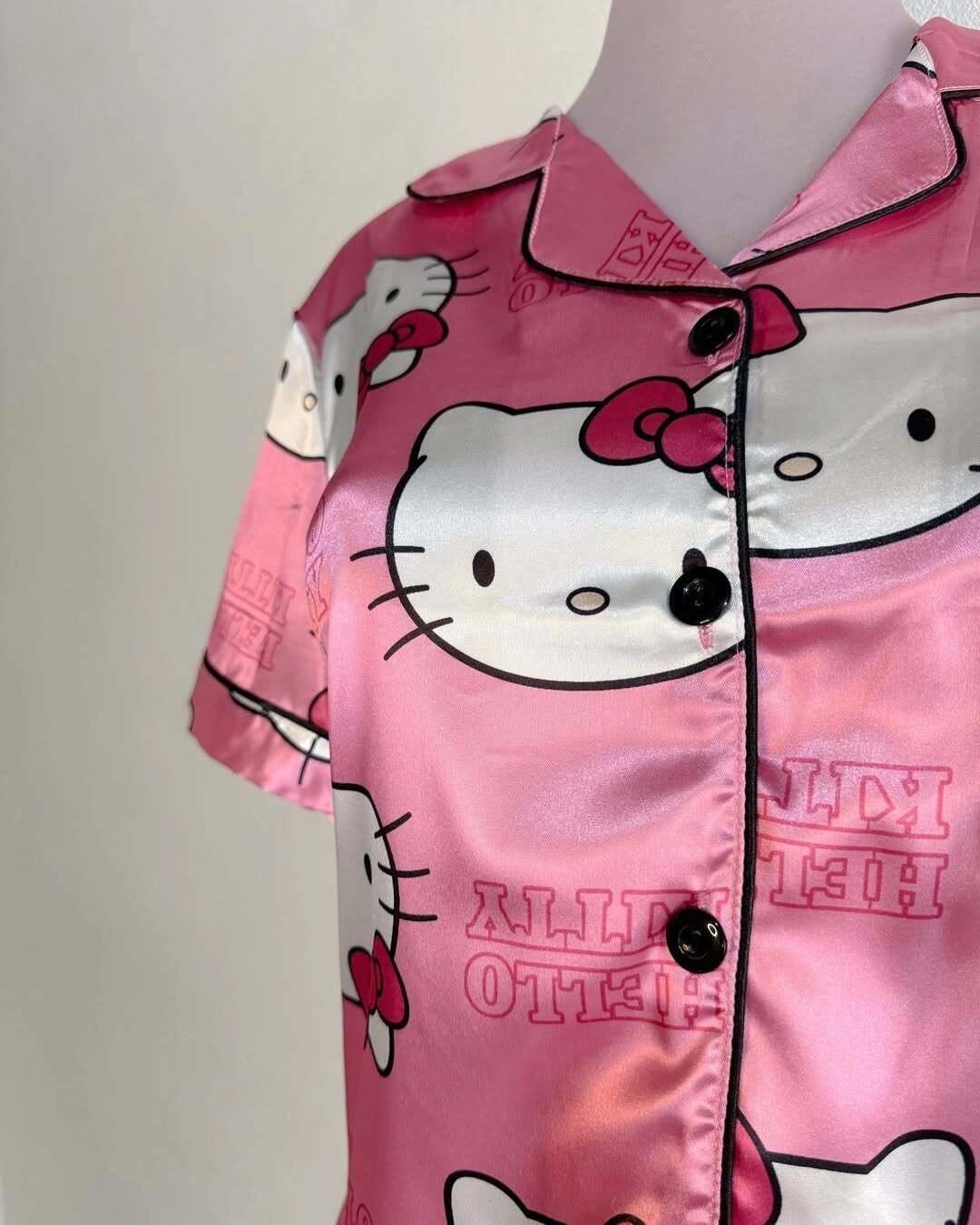Sanrio Womens Silk Satin Pajama Sets Short Sleeve Button Down Sleepwear Cozy Loungewear 2 Piece Pjs Shorts Set (S-XXXL)