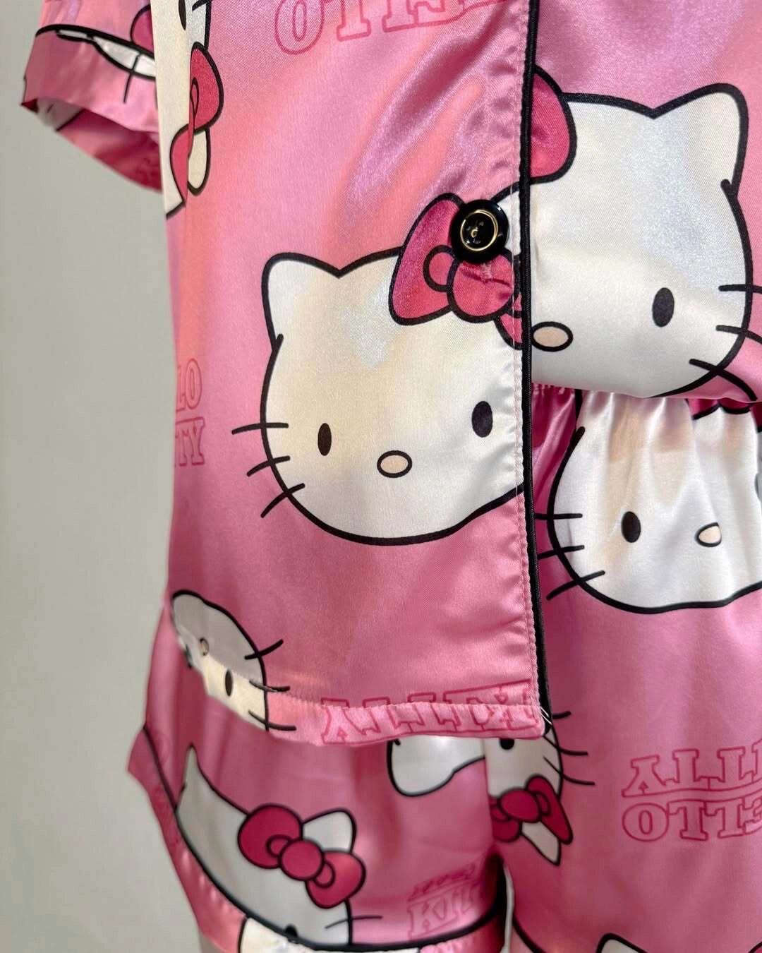Sanrio Womens Silk Satin Pajama Sets Short Sleeve Button Down Sleepwear Cozy Loungewear 2 Piece Pjs Shorts Set (S-XXXL)