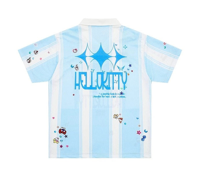 Hellokitty Jersey Shirts for Women V Neck Tshirt Striped Number Graphic Shirt Casual Y2k Streetwear Tee Tops