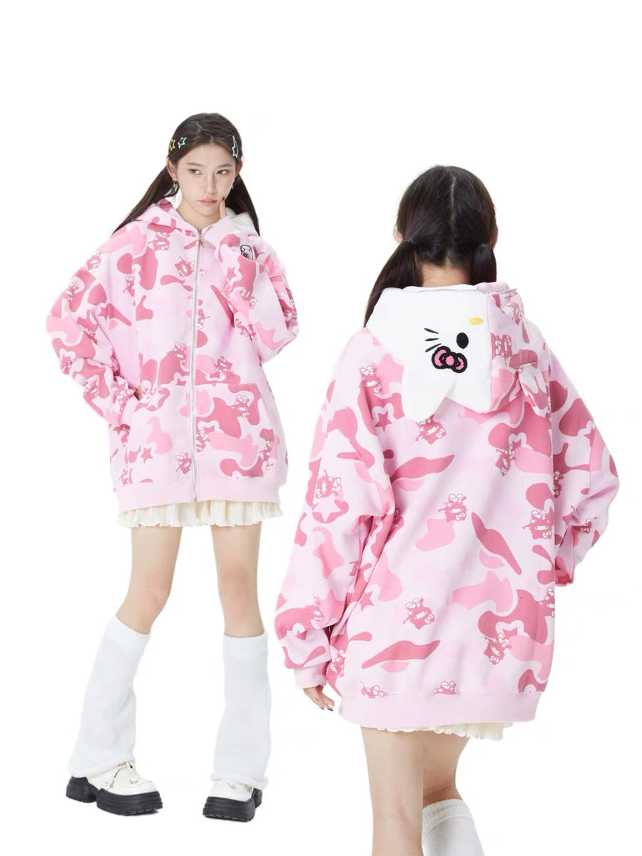 Hellokitty Camouflage Winter Long Sleeve Zip Puffer Jacket Pockets Bag –  jellykawaii