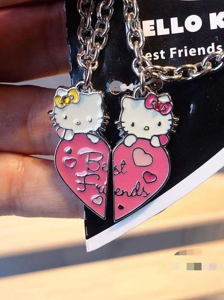 Hellokitty Necklace for Couples Friendship Heart Pendant Shaped 2 Two Piece Jewelry Set Gifts for Him Her