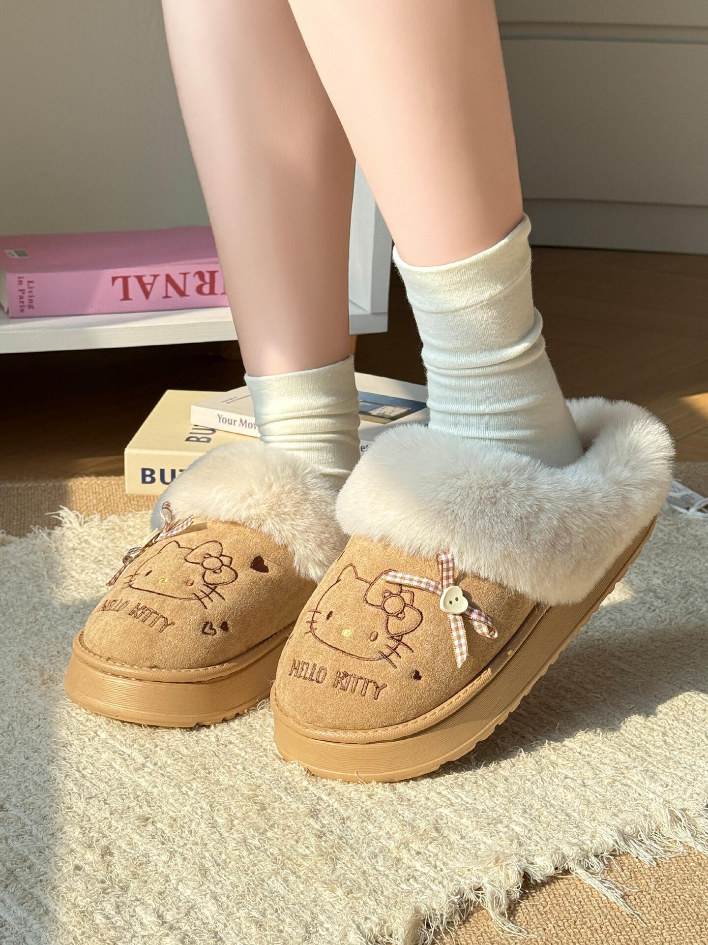 Hellokitty Fuzzy Slippers Fluffy Fall Winter House Cute Shoes Indoor and Outdoor