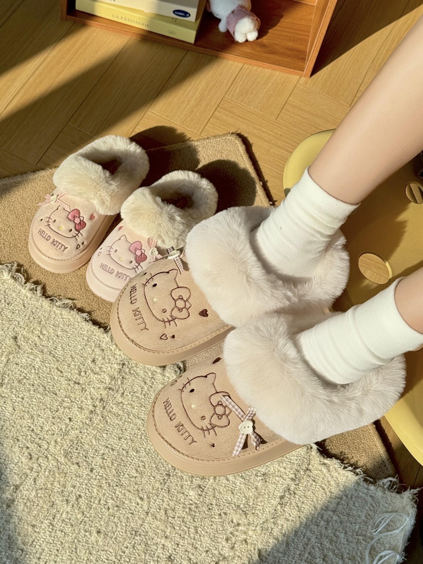 Hellokitty Fuzzy Slippers Fluffy Fall Winter House Cute Shoes Indoor and Outdoor