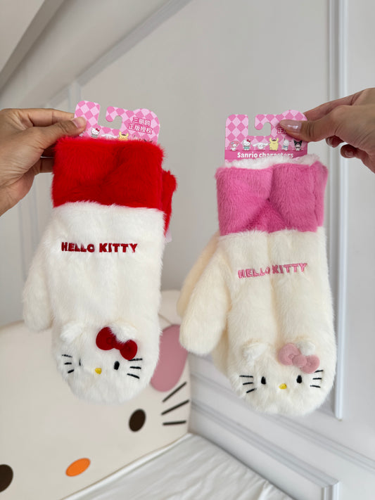 Hellokitty Cute Full Finger Gloves Fluffy Plush Winter Warm Mittens Hand
