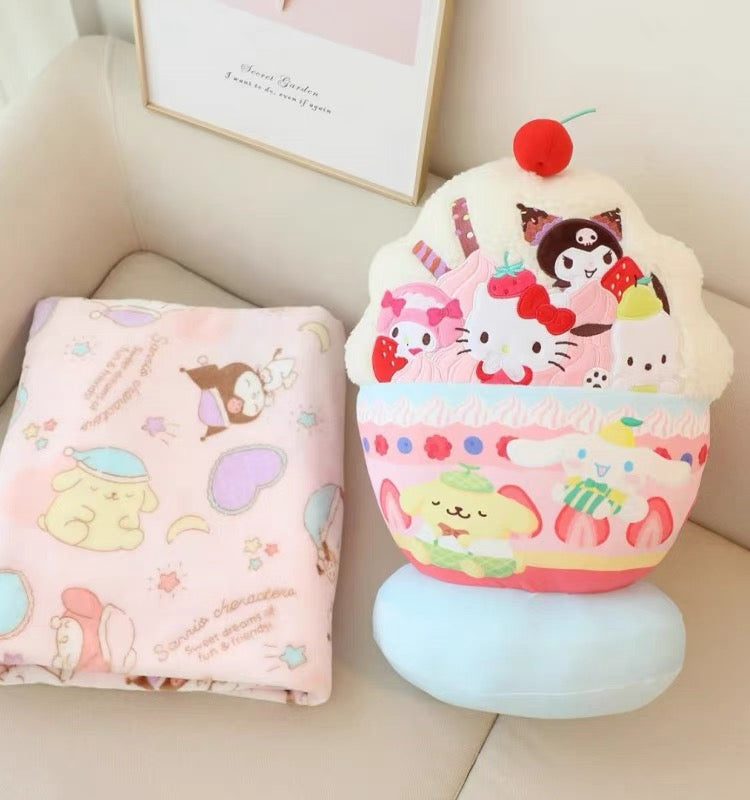 Sanrio Ice Cream Plush |Blanket and Pillow Set,2 in 1 Plush Stuffed Hugging Pillow Blanket for Kids Gift Travel Airplane Train Bed Office Nap