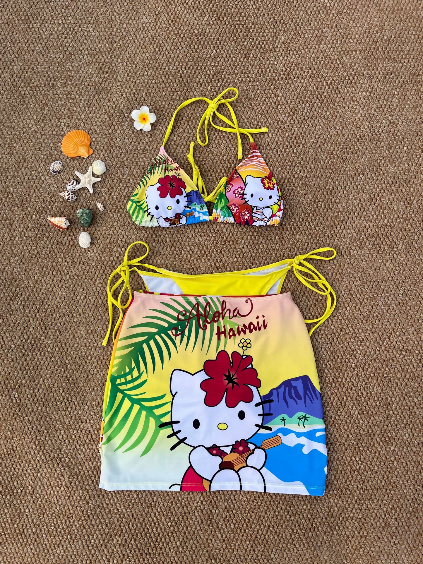 Hawaii Hellokitty 3 Piece Bikini Sets String Triangle Swimsuits with Cover Up Halter Sexy Bathing Suits