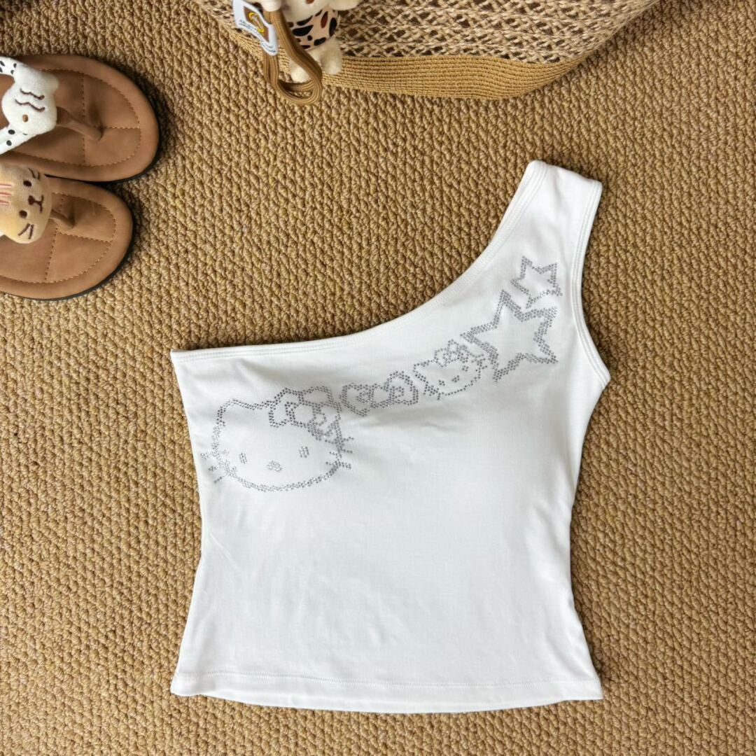 Hellokitty One Shoulder Tank Tops Summer Going Out Tops Asymmetrical Sleeveless Shirts