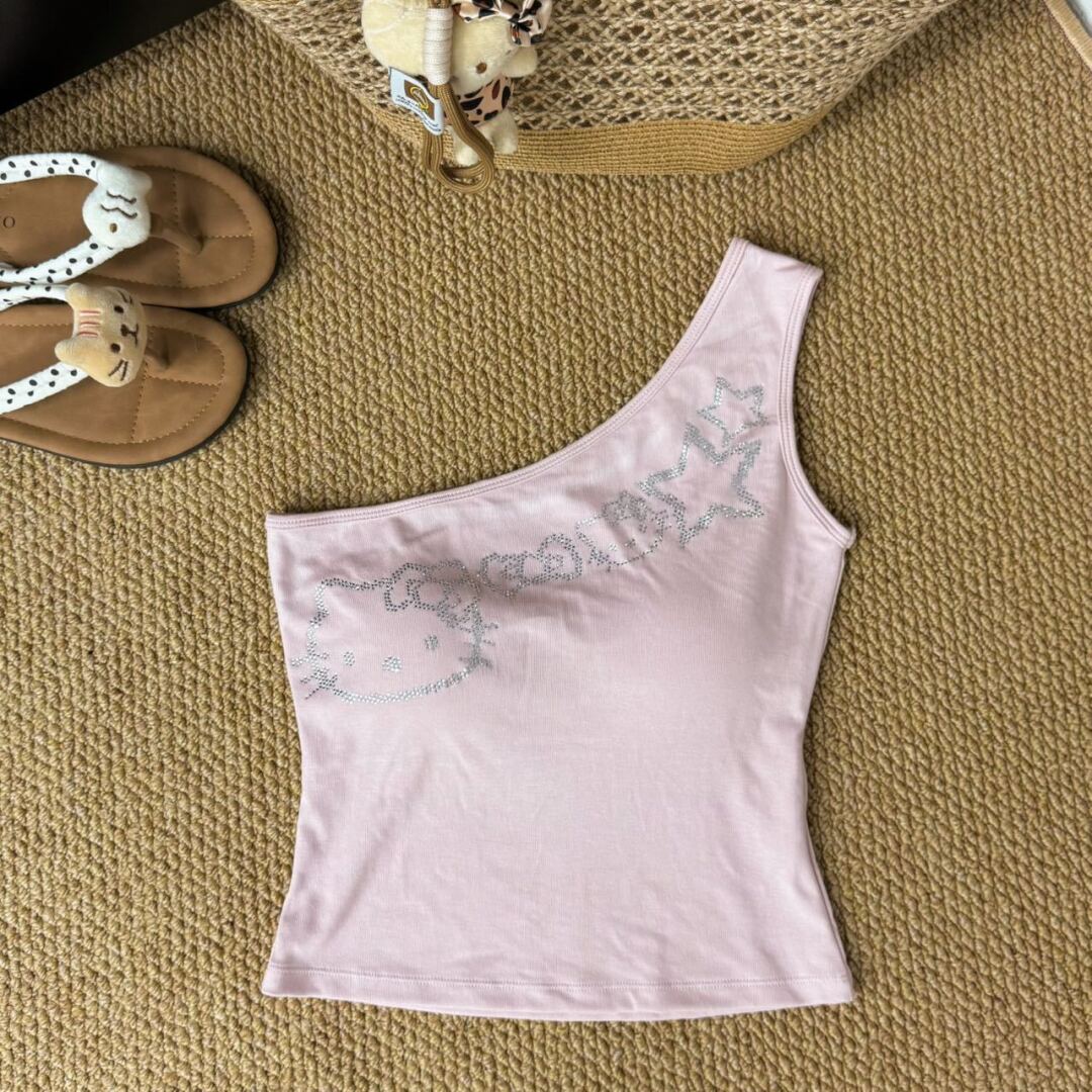 Hellokitty One Shoulder Tank Tops Summer Going Out Tops Asymmetrical Sleeveless Shirts