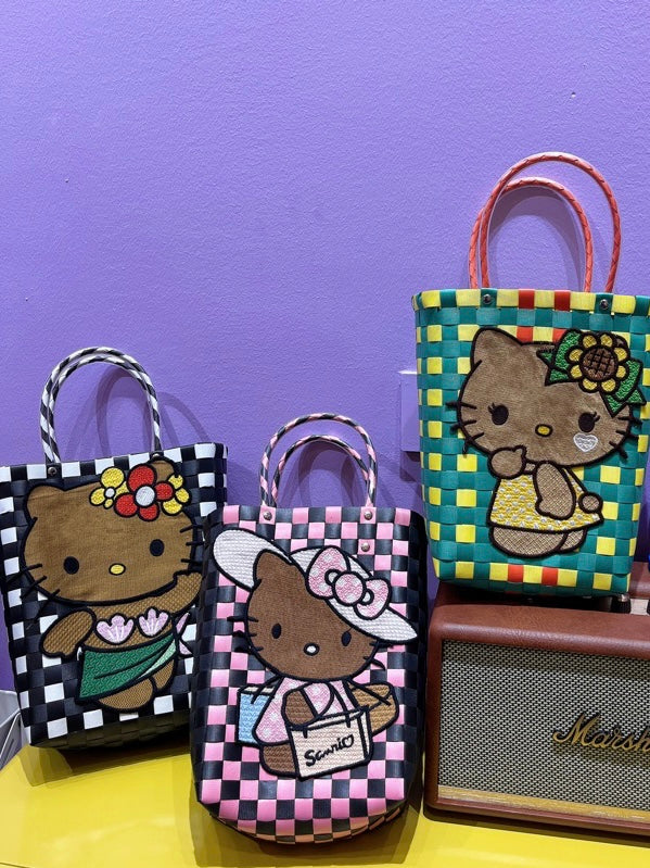 Hellokitty Summer Woven Beach Tote Bag|Handmade Bamboo Handle Handbag Straw Purse for Women