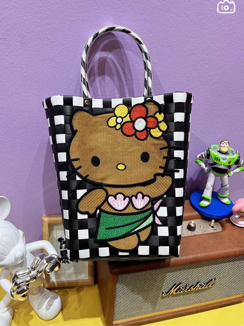Hellokitty Summer Woven Beach Tote Bag|Handmade Bamboo Handle Handbag Straw Purse for Women