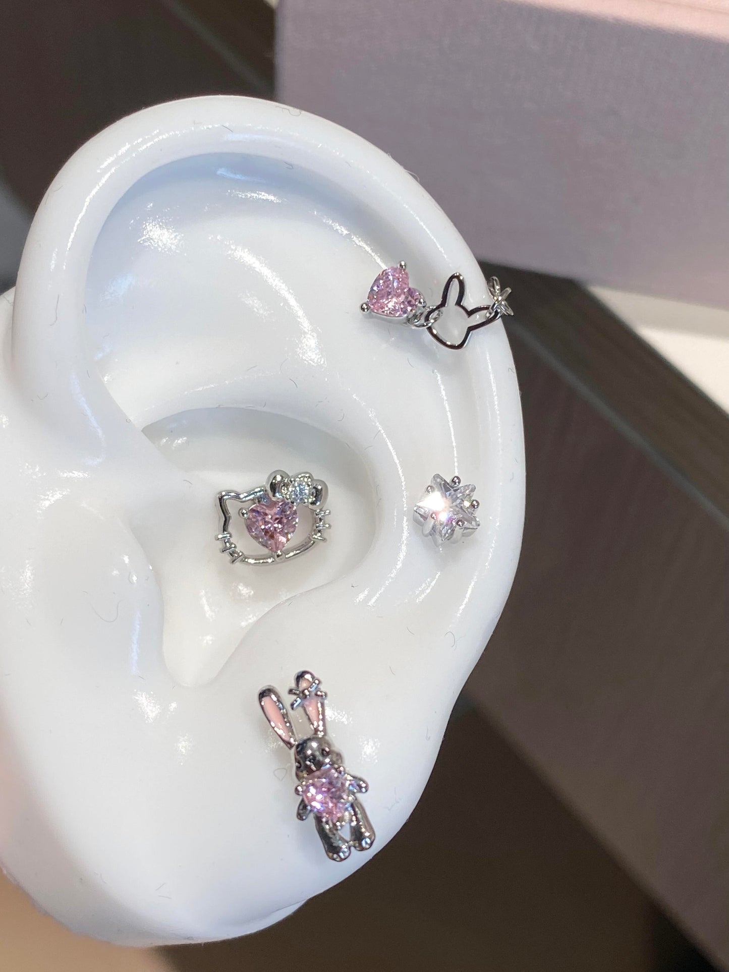 Hollow out Hello Kitty Titanium Steel Rhinestone Helix Earrings
