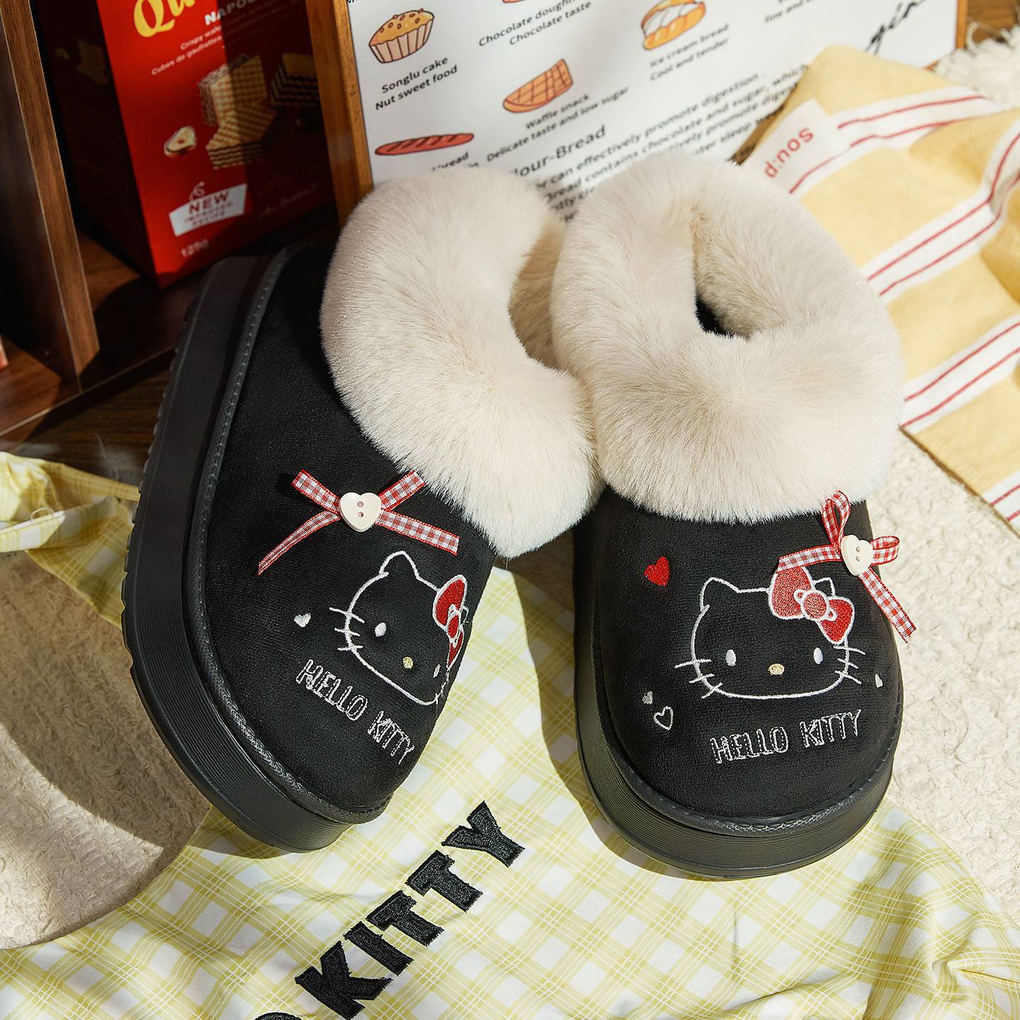 Hellokitty Fuzzy Slippers Fluffy Fall Winter House Cute Shoes Indoor and Outdoor