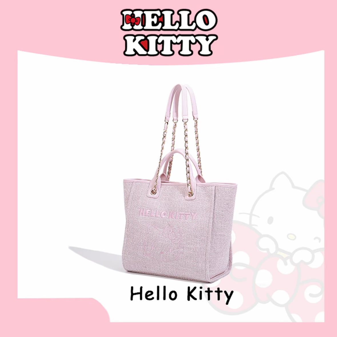 Hello kitty Pink Large Tote Beach Bag Weaving Swim Gym Shopping Travel Bag with Button