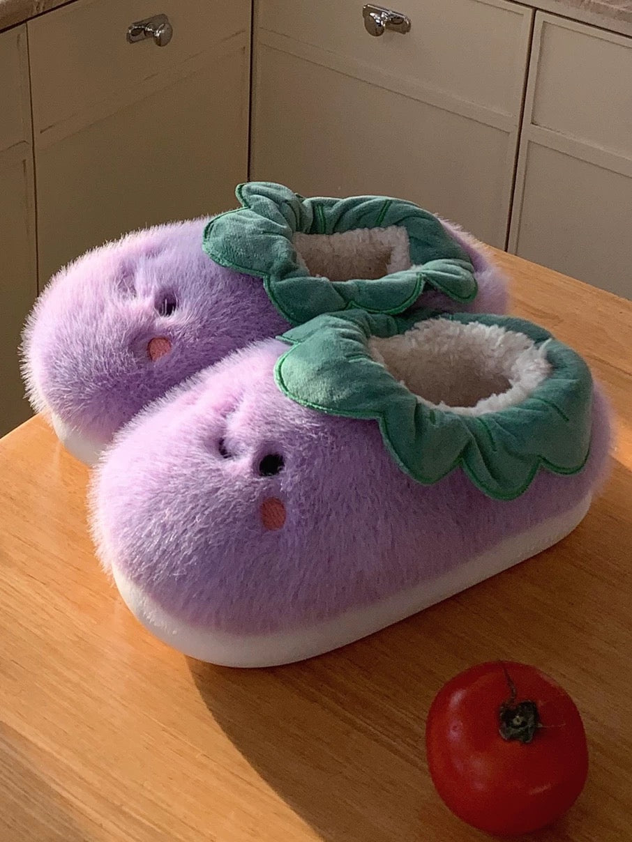Purple Eggplant Jellycat Fuzzy Scuff Slippers Soft Comfy Memory Foam Non-slip Indoor House Shoes