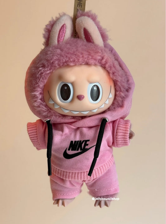 Pink Nike Hoodie 17cm Labubu Clothes Set(NO DOLL)  Accessories Suit Cute Clothes for Labubu Dress up Unique Style