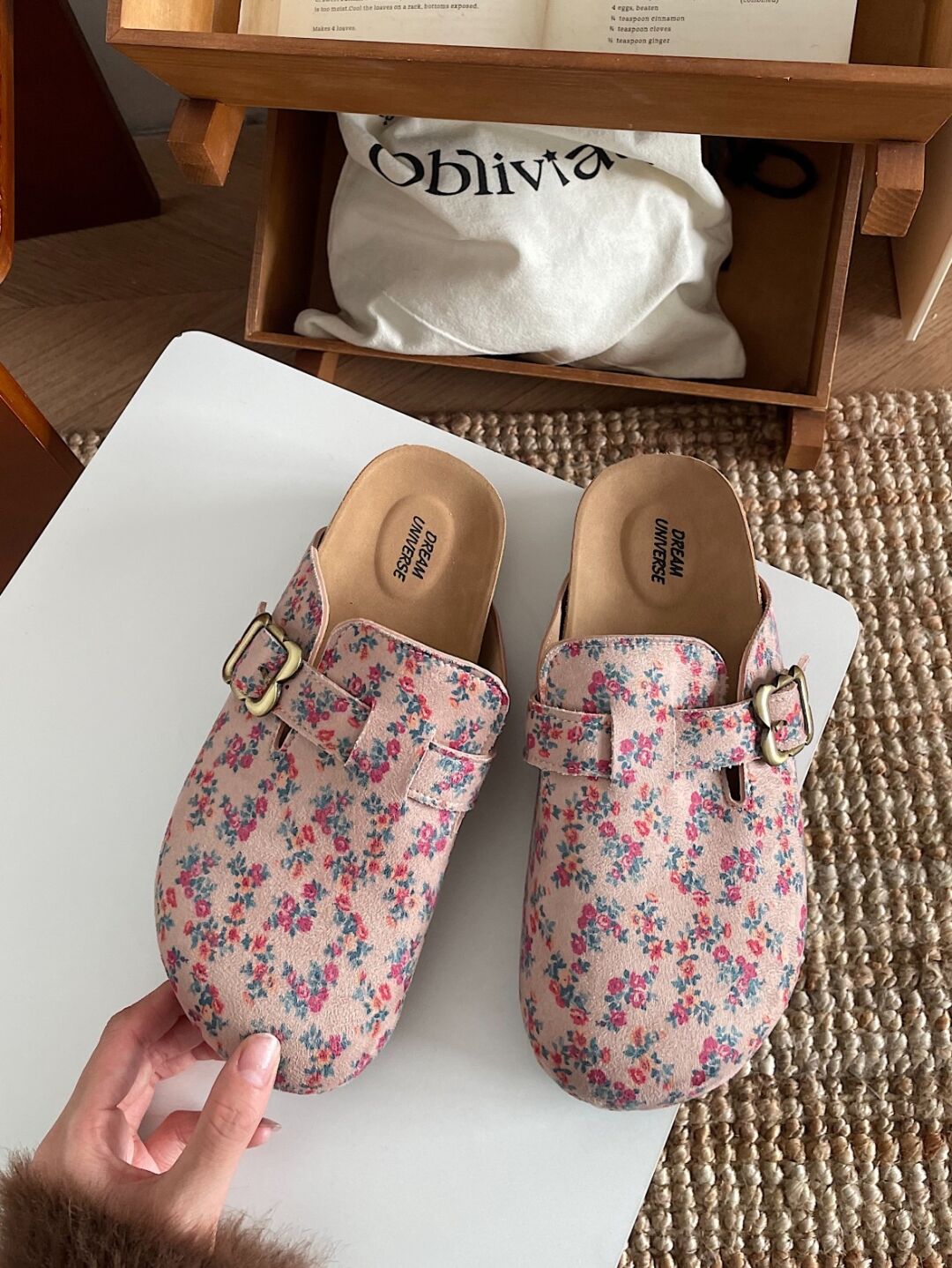 Floral Print Suede Clogs Leather Mules Cork Footbed Sandals Potato Shoes with Arch Support