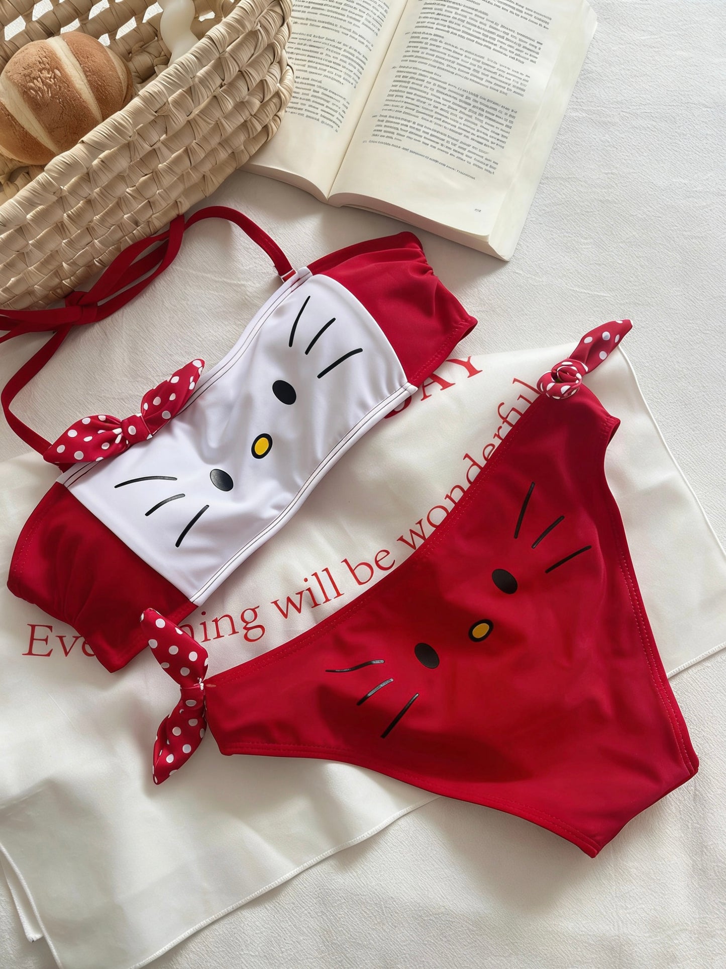 Hellokitty Red Bikini Sets Swimsuits Crisscross Tie-Back Bathing Suits