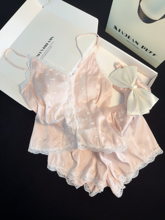 Satin Lace Pajama Set for Women 2 Piece Silky Lingerie Sleepwear Camisole Pj Shorts Set Soft Nightwear