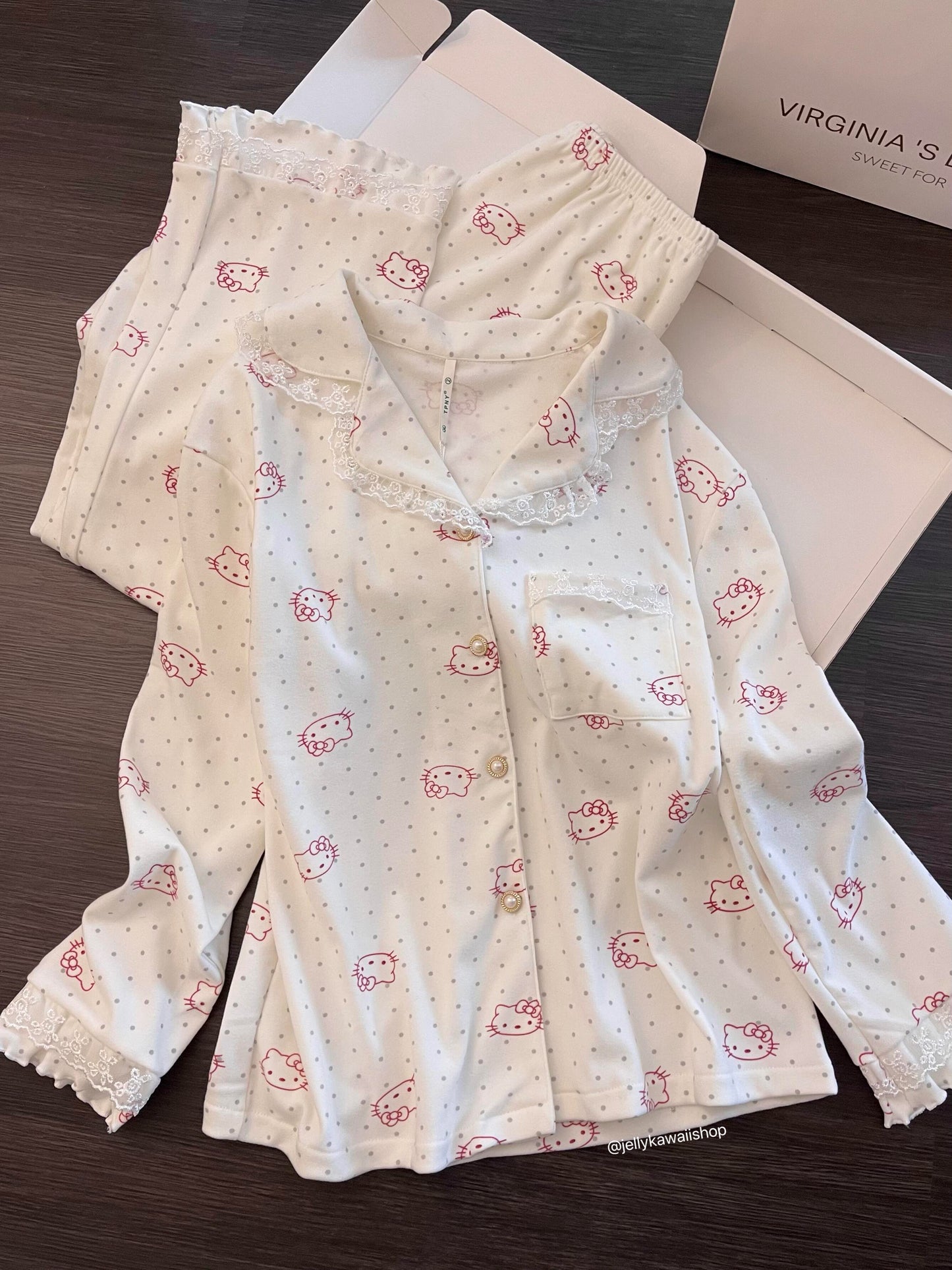 【 Holiday Deals🔥】Hellokitty Polka-dot Lace Trim White Pajamas Set Long Sleeve Sleepwear Button Down Nightwear Soft Pj Lounge Sets