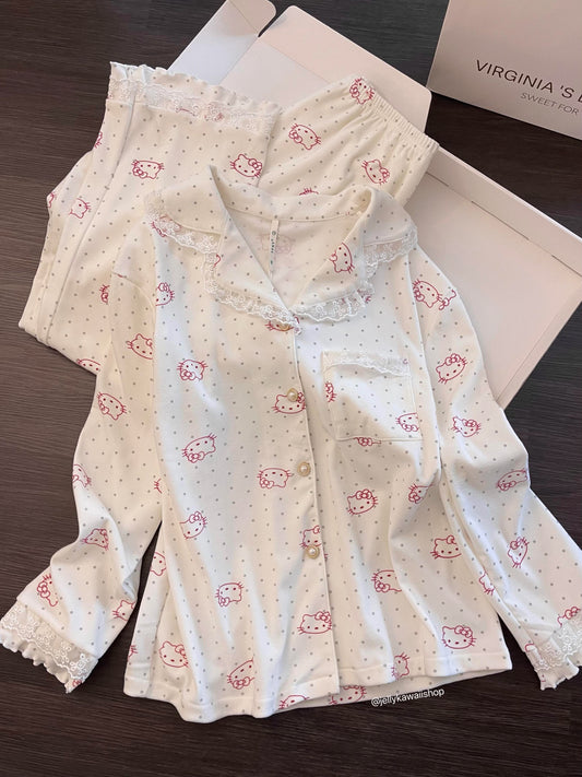 【 Holiday Deals🔥】Hellokitty Polka-dot Lace Trim White Pajamas Set Long Sleeve Sleepwear Button Down Nightwear Soft Pj Lounge Sets
