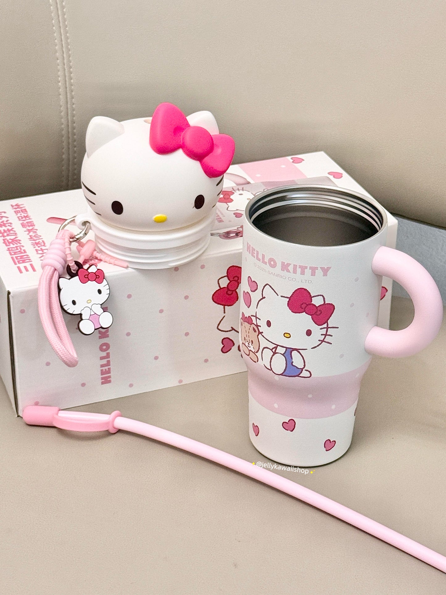Hello Kitty 580ml Tumbler with Handle Stainless Steel Insulated Cup with Lid & Straw Water Bottle Cupholder Friendly Women Travel Mug