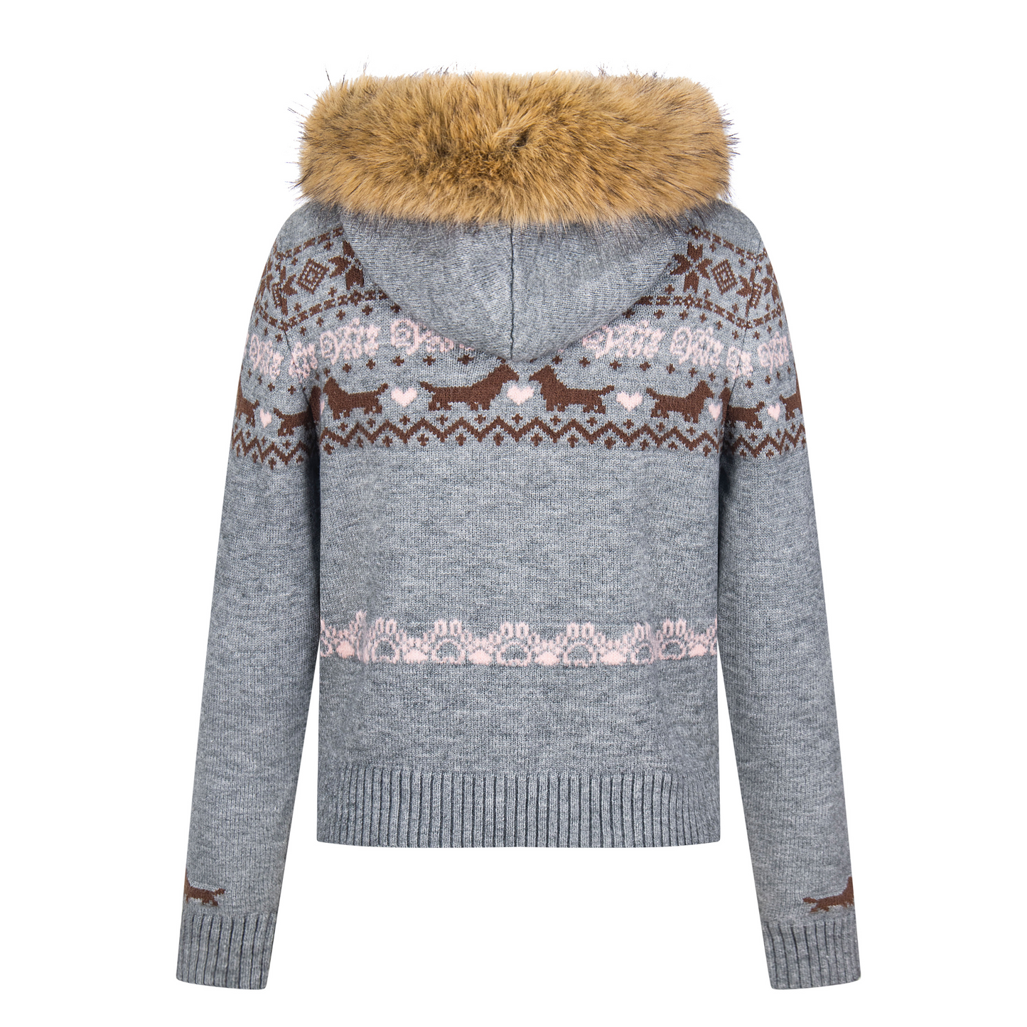 Girly Zip Up Hooded Cardigan Sweater with Fur Hood Jackets Knitted Drop Shoulder Fall Clothes Winter Hoodies Outerwear