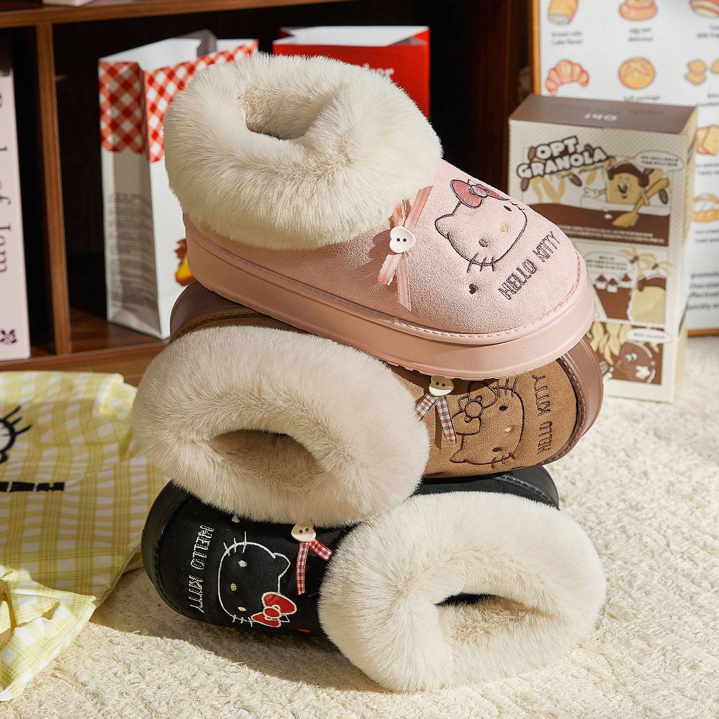Hellokitty Fuzzy Slippers Fluffy Fall Winter House Cute Shoes Indoor and Outdoor