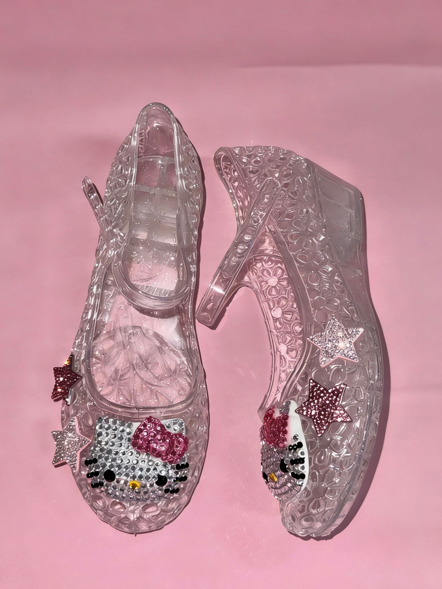 Hellokitty Handmade Rhinestone Flat Jelly Shoes Hollow Out Crystal Jelly Heel Summer Beach Sandals