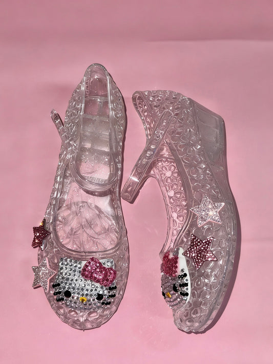 Hellokitty Handmade Rhinestone Flat Jelly Shoes Hollow Out Crystal Jelly Heel Summer Beach Sandals