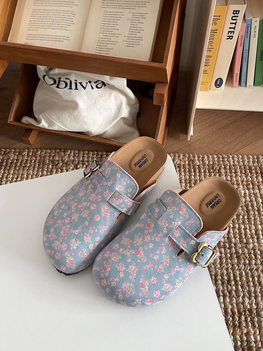 Floral Print Suede Clogs Leather Mules Cork Footbed Sandals Potato Shoes with Arch Support