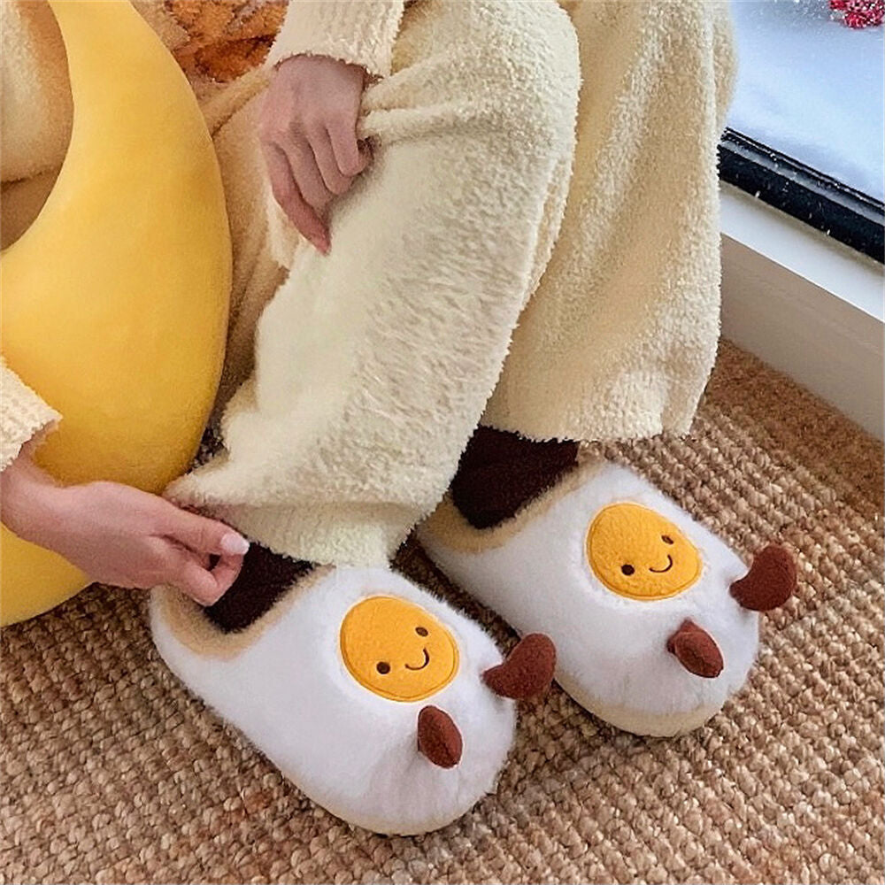Fried Egg Jellycat Fuzzy Scuff Slippers Soft Comfy Memory Foam Non-slip Indoor House Shoes