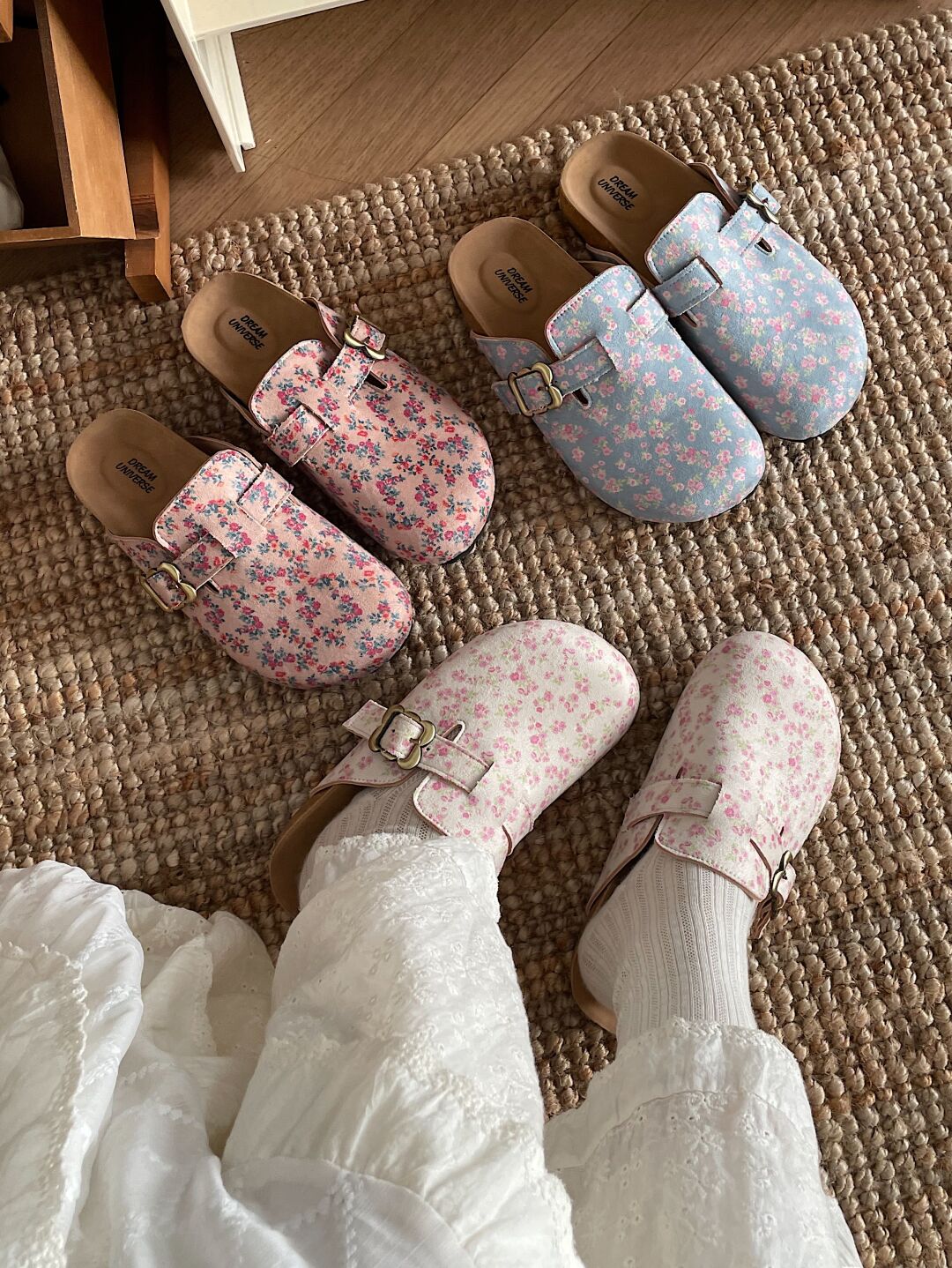 Floral Print Suede Clogs Leather Mules Cork Footbed Sandals Potato Shoes with Arch Support