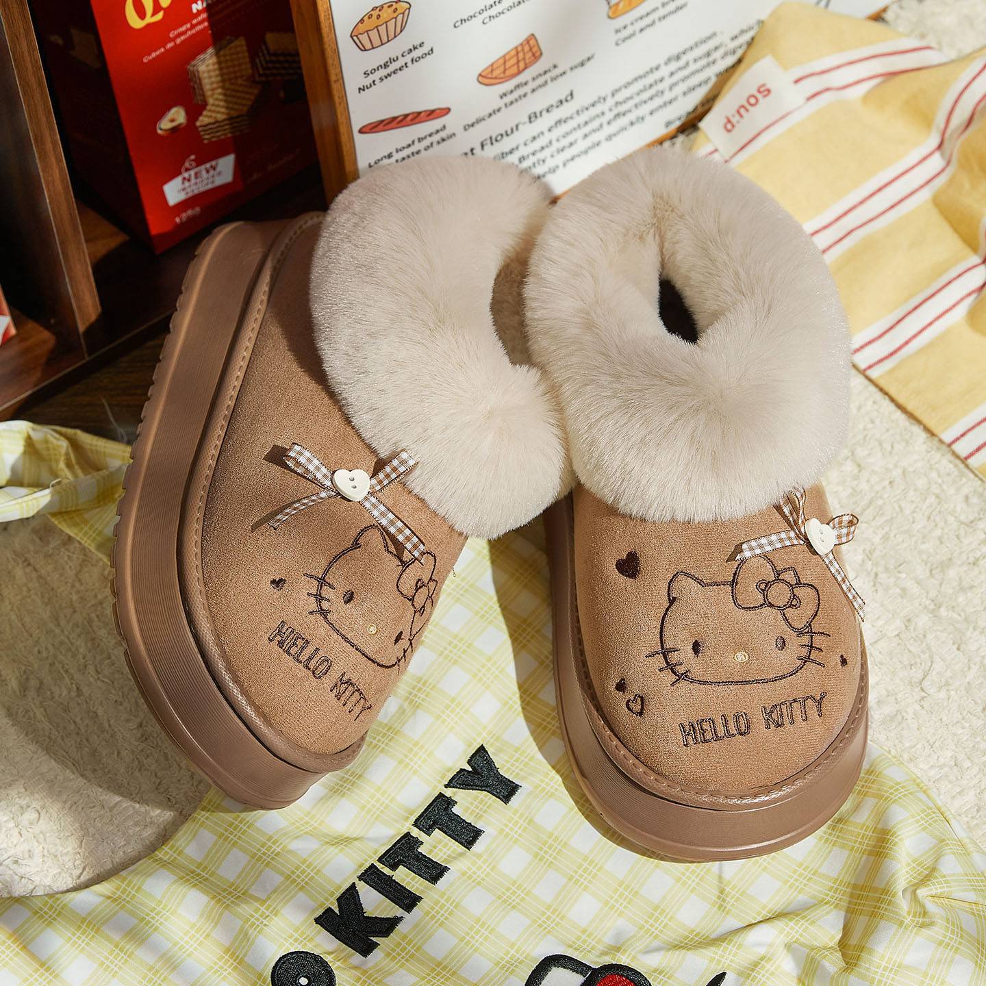 Hellokitty Fuzzy Slippers Fluffy Fall Winter House Cute Shoes Indoor and Outdoor