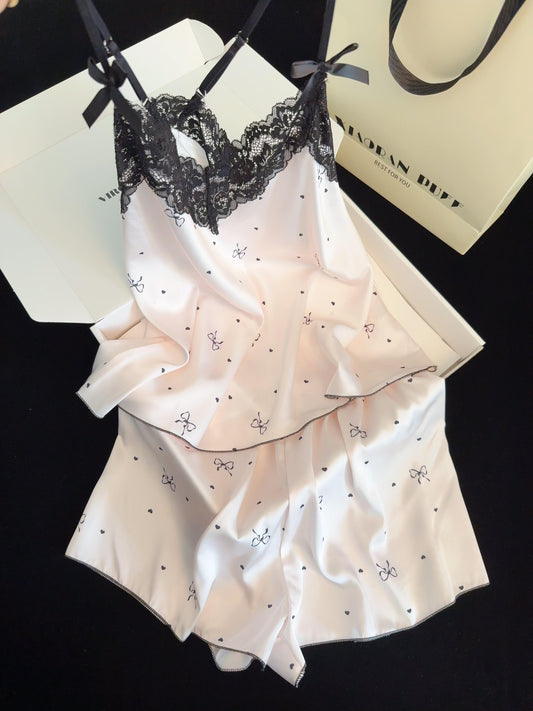 Black Lace Pink Satin Pajama Set for Women 2 Piece Silky Lingerie Sleepwear Camisole Pj Shorts Set Soft Nightwear