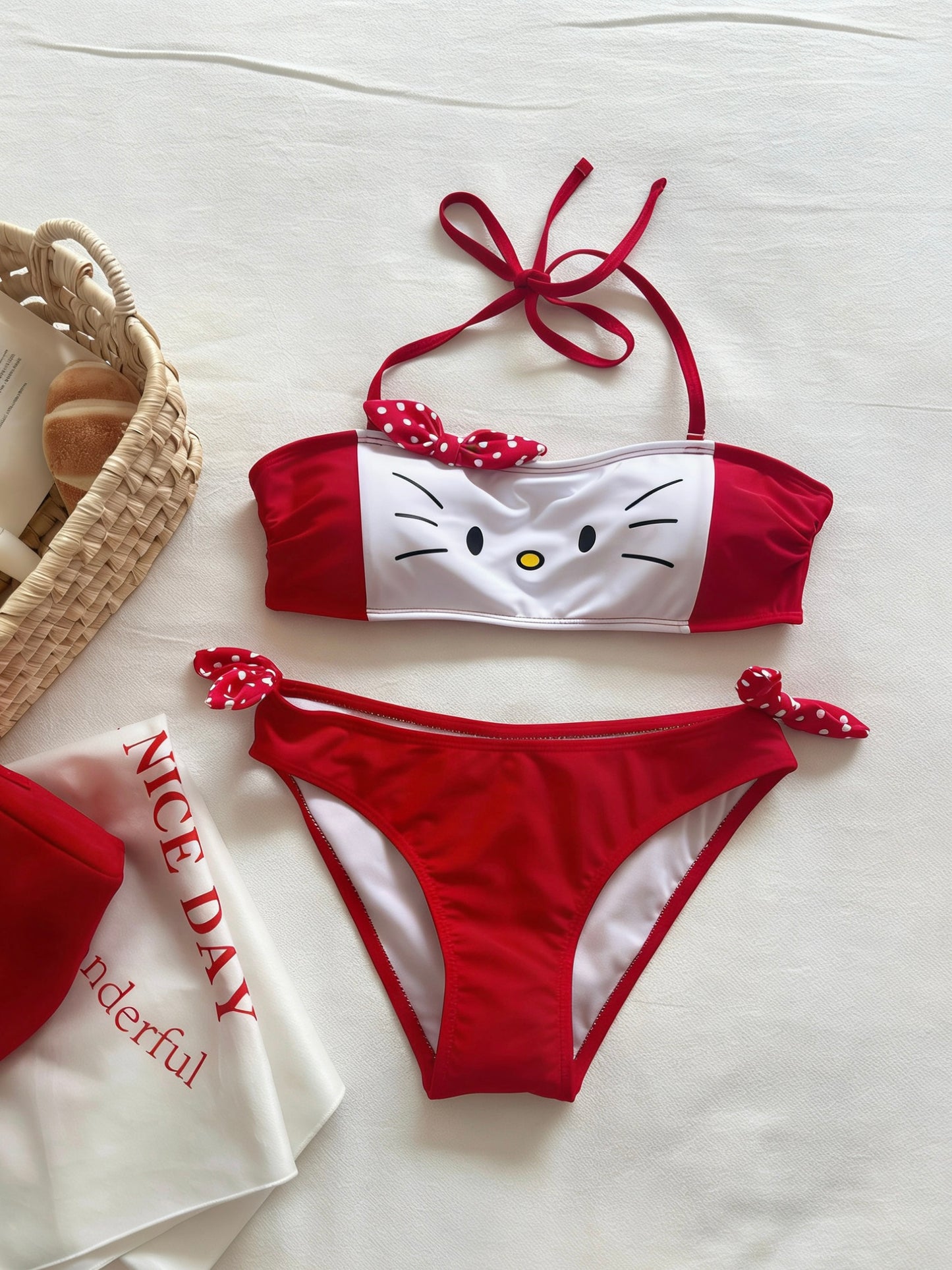 Hellokitty Red Bikini Sets Swimsuits Crisscross Tie-Back Bathing Suits