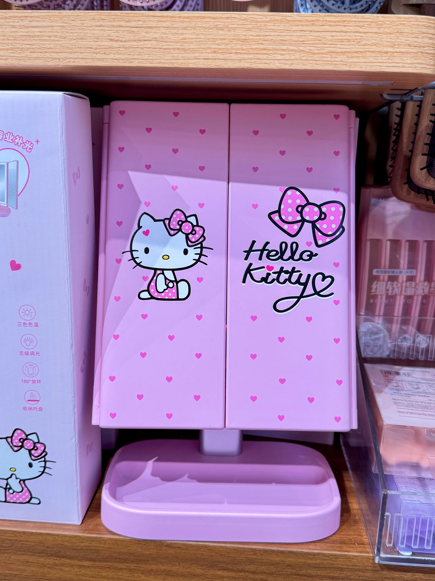 Hellokitty Pink Dresser Mount Tri-Fold Lighted Vanity Mirror with LED Lights, Touch Screen and 3X/2X/1X Magnification,  Make Up Mirror,Travel Mirror