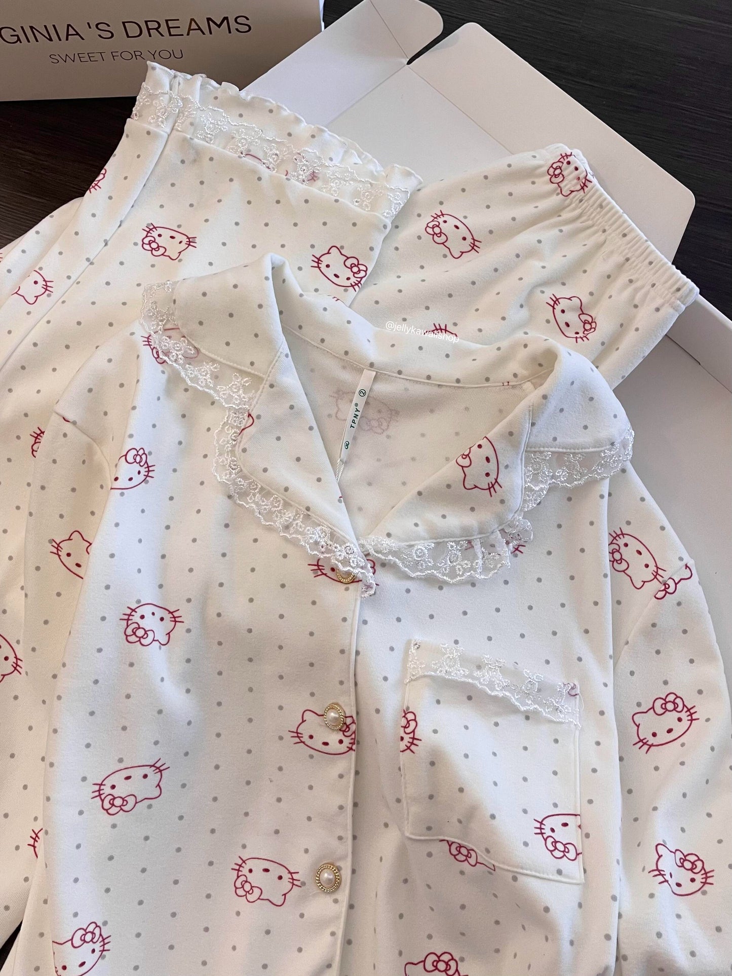 【 Holiday Deals🔥】Hellokitty Polka-dot Lace Trim White Pajamas Set Long Sleeve Sleepwear Button Down Nightwear Soft Pj Lounge Sets