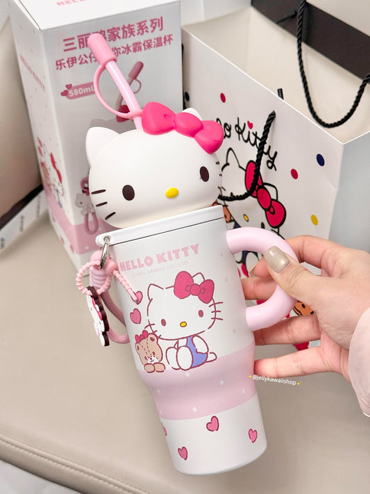 Hello Kitty 580ml Tumbler with Handle Stainless Steel Insulated Cup with Lid & Straw Water Bottle Cupholder Friendly Women Travel Mug