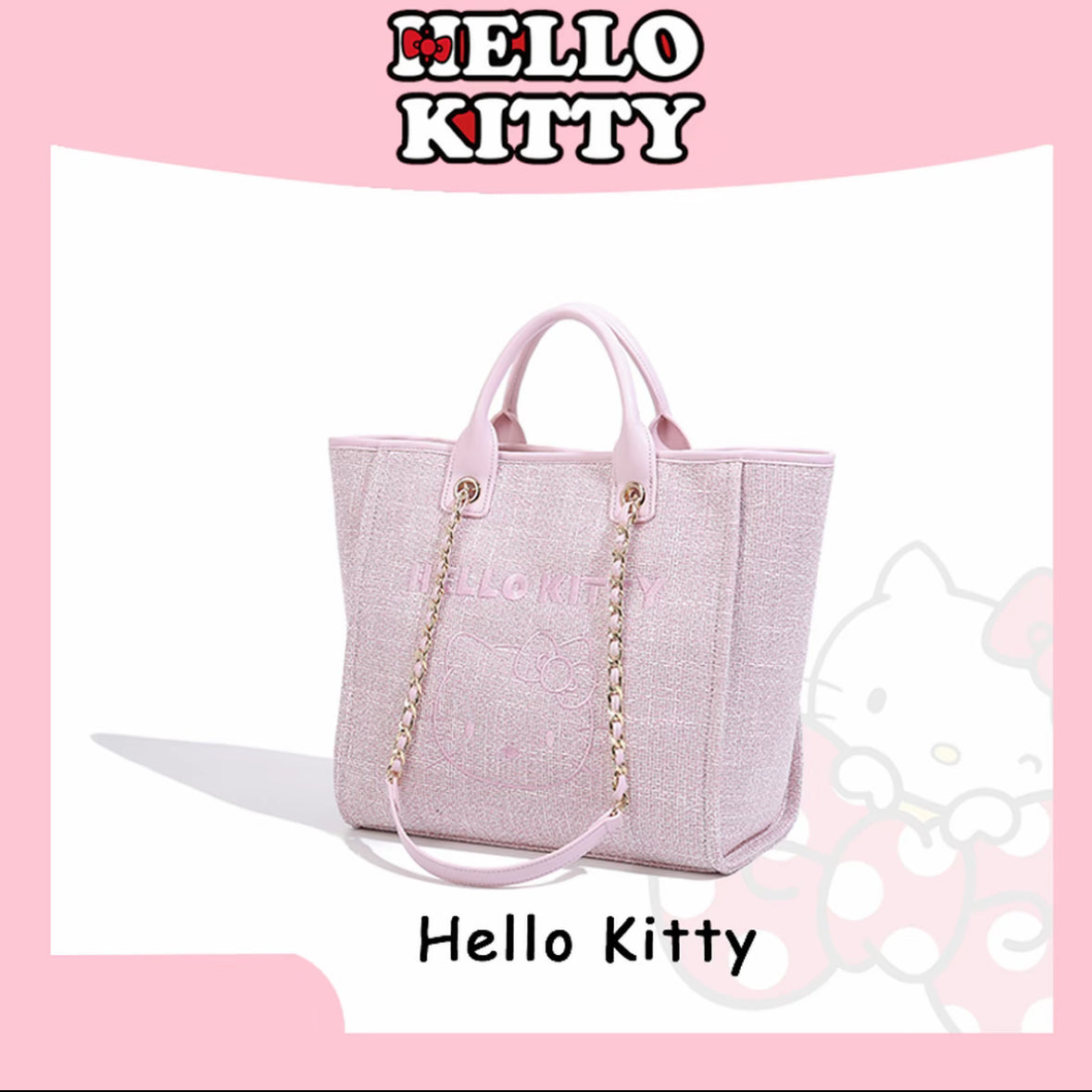 Hello kitty Pink Large Tote Beach Bag Weaving Swim Gym Shopping Travel Bag with Button