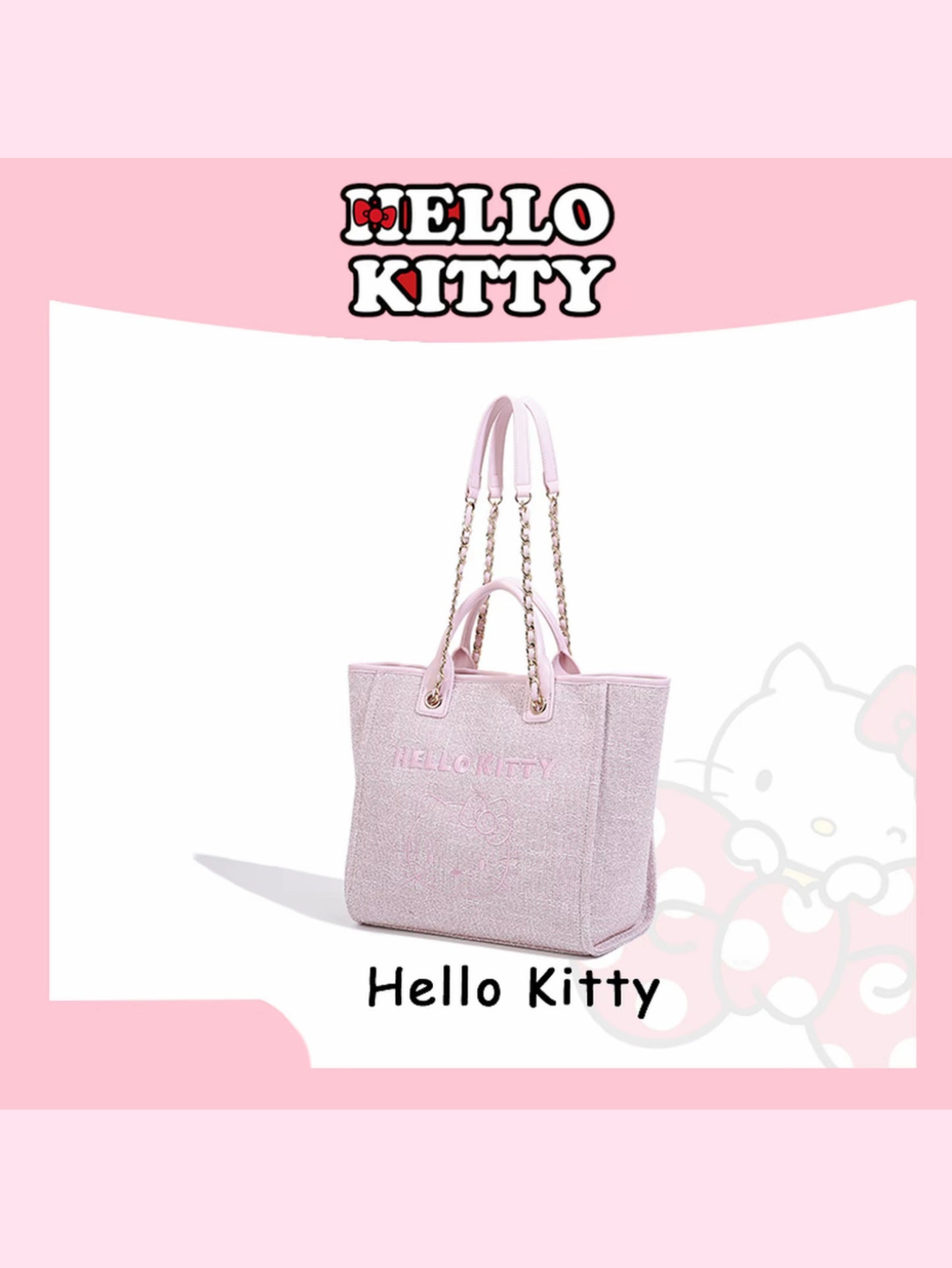 Hello kitty Pink Large Tote Beach Bag Weaving Swim Gym Shopping Travel Bag with Button
