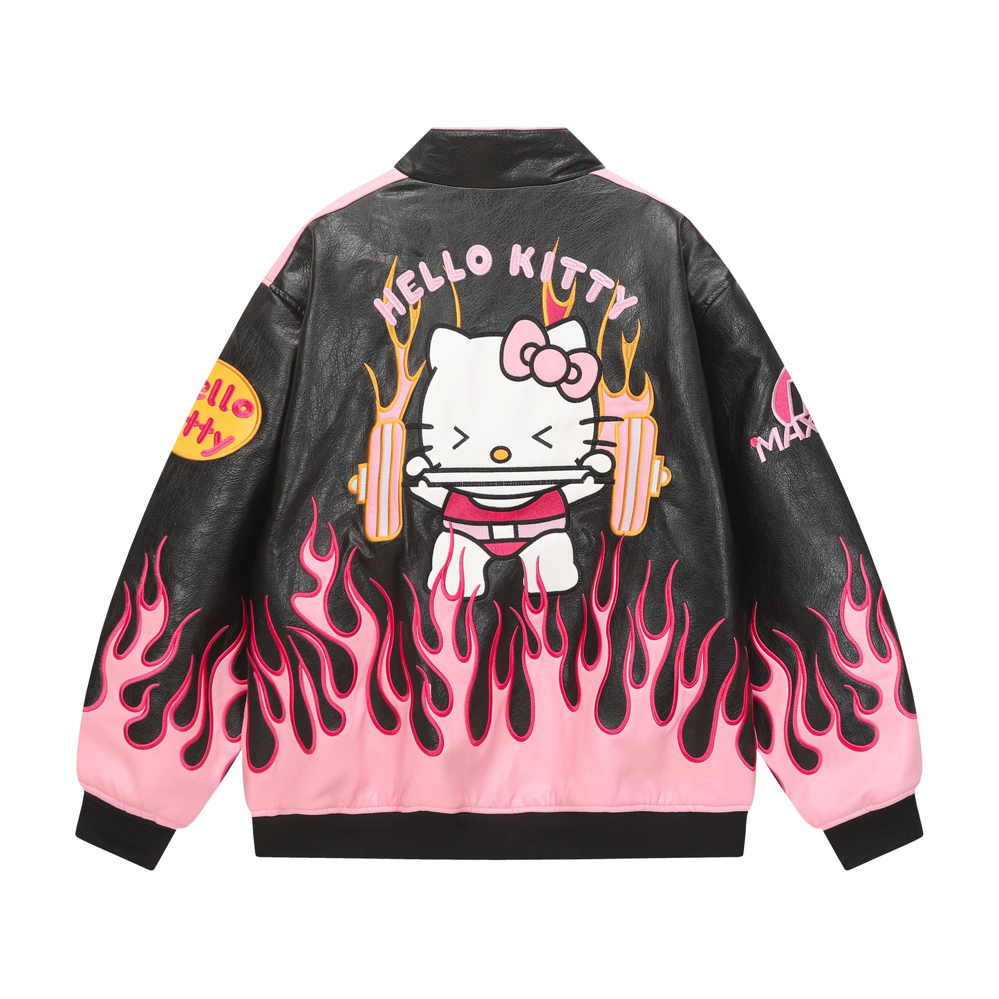 Hellokitty Pink Flame Faux Leather Jacket Oversized Racing Motorcycle Jackets Moto Coats Unisex Trendy Streetwear Jacket
