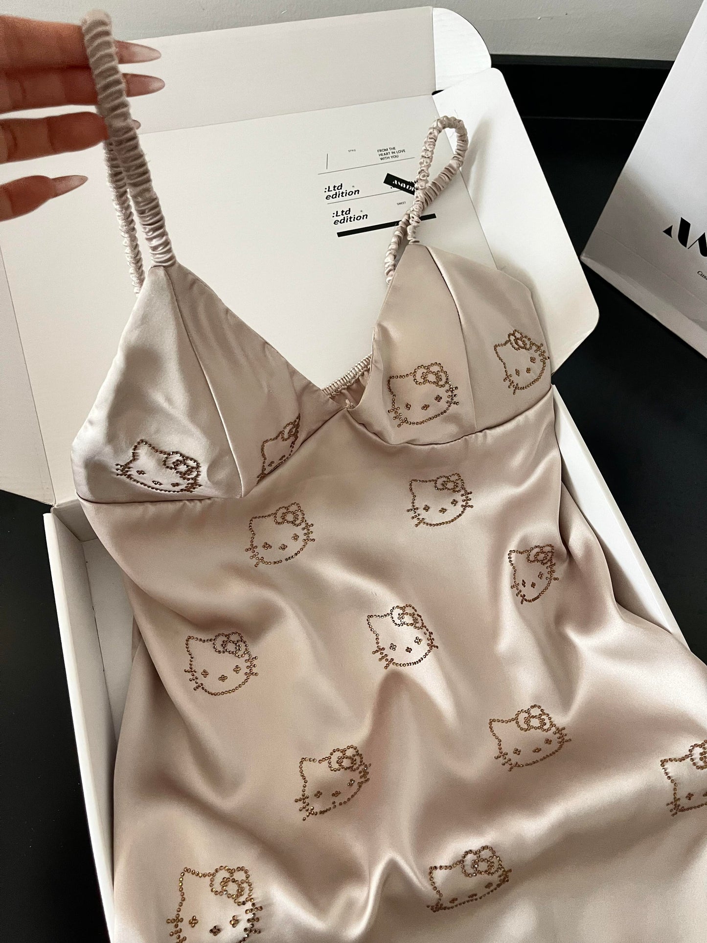 Hellokitty Champagne Silk Cute Nightgown for Women Satin Slip Dress Nightdress