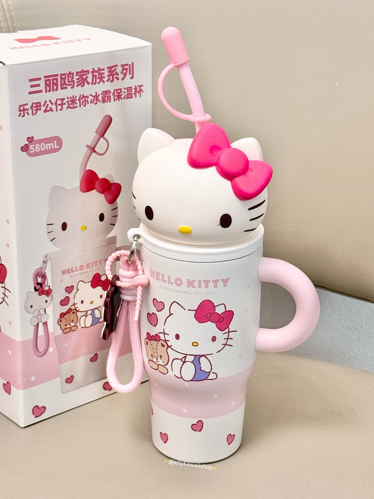 Hello Kitty 580ml Tumbler with Handle Stainless Steel Insulated Cup with Lid & Straw Water Bottle Cupholder Friendly Women Travel Mug