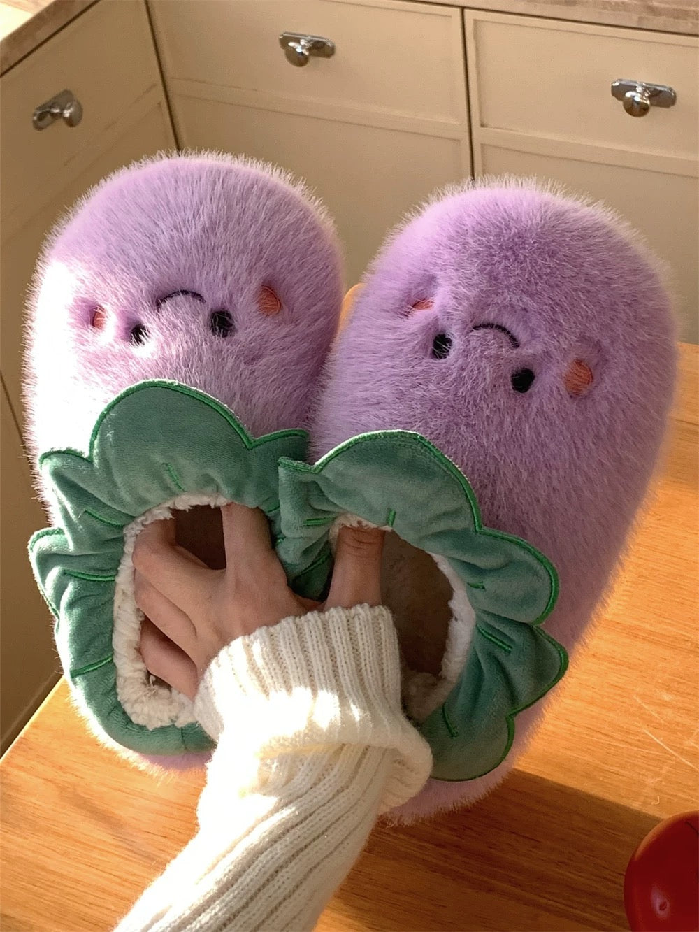 Purple Eggplant Jellycat Fuzzy Scuff Slippers Soft Comfy Memory Foam Non-slip Indoor House Shoes
