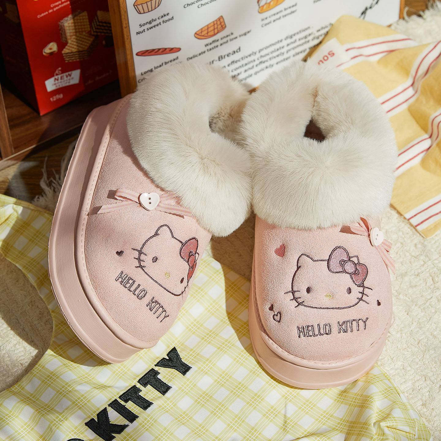 Hellokitty Fuzzy Slippers Fluffy Fall Winter House Cute Shoes Indoor and Outdoor