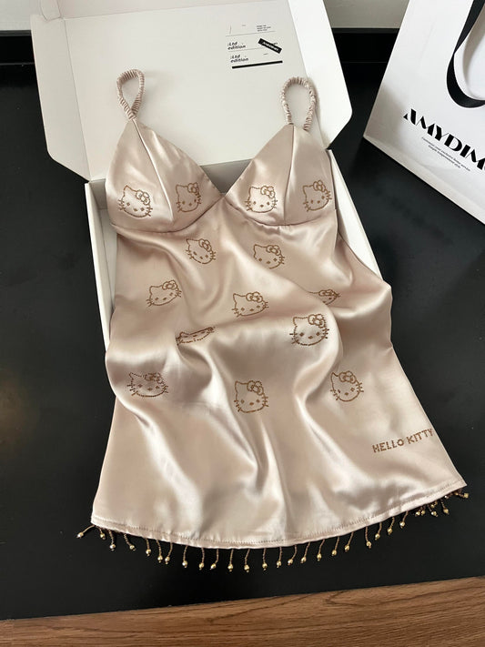 Hellokitty Champagne Silk Cute Nightgown for Women Satin Slip Dress Nightdress