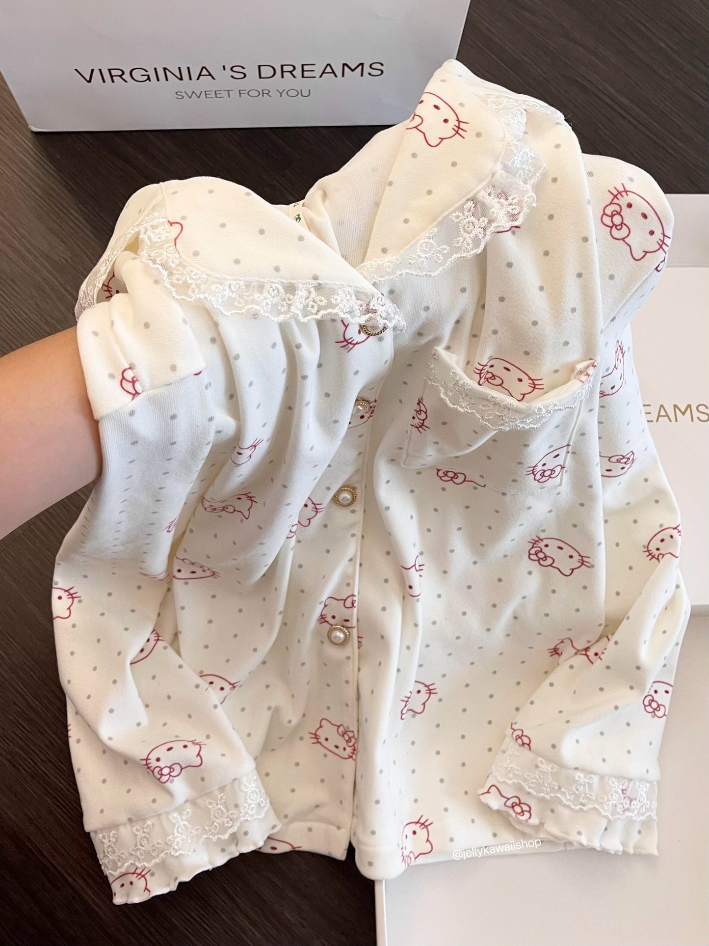 【 Holiday Deals🔥】Hellokitty Polka-dot Lace Trim White Pajamas Set Long Sleeve Sleepwear Button Down Nightwear Soft Pj Lounge Sets
