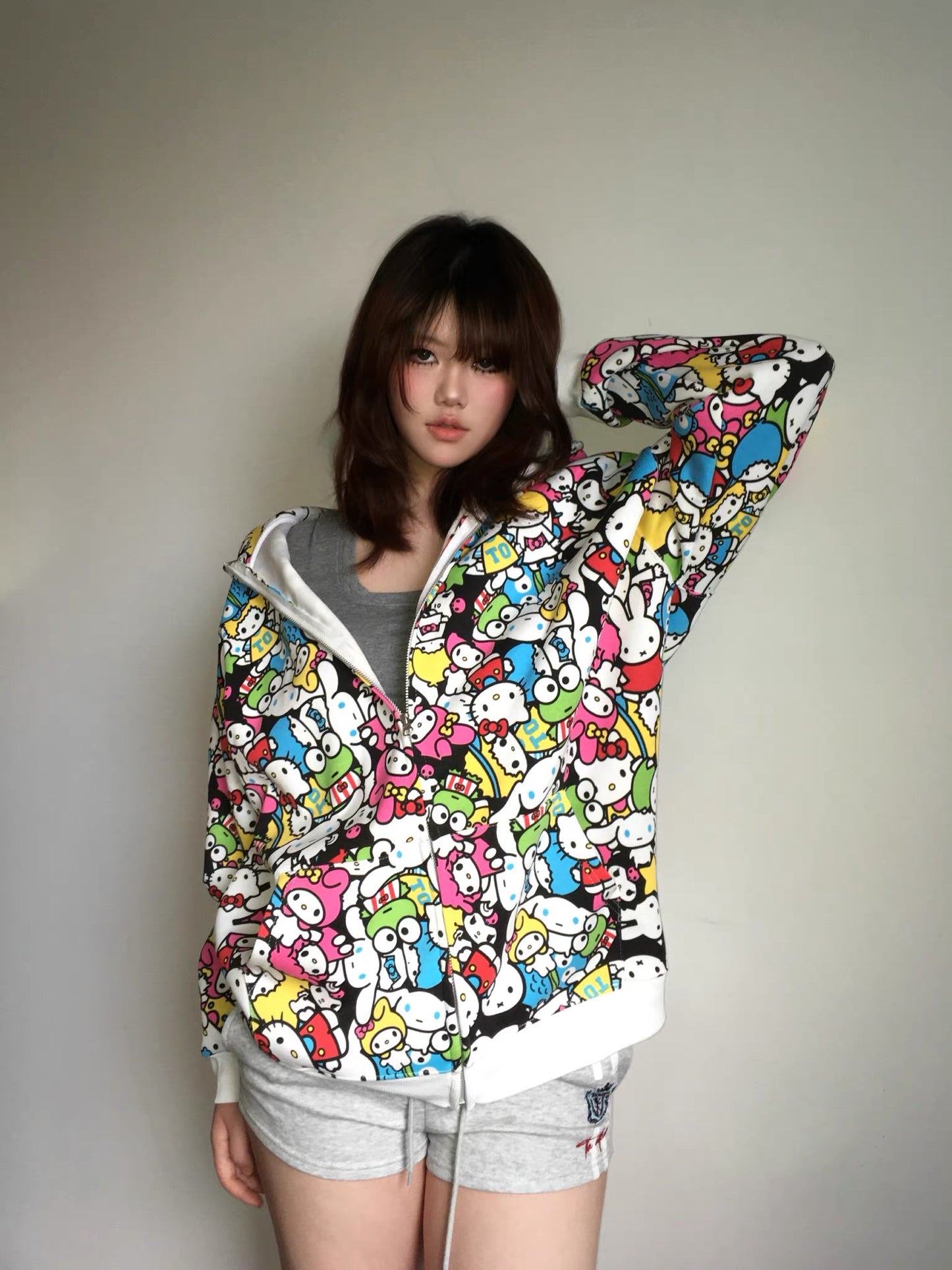 Sanrio Colorful Hoodies Fall Jacket Oversized Sweatshirts Casual Drawstring Zip Up Y2K Hoodie with Pocket