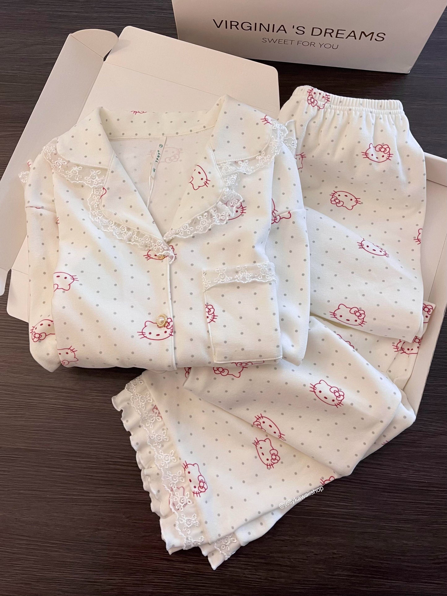 【 Holiday Deals🔥】Hellokitty Polka-dot Lace Trim White Pajamas Set Long Sleeve Sleepwear Button Down Nightwear Soft Pj Lounge Sets
