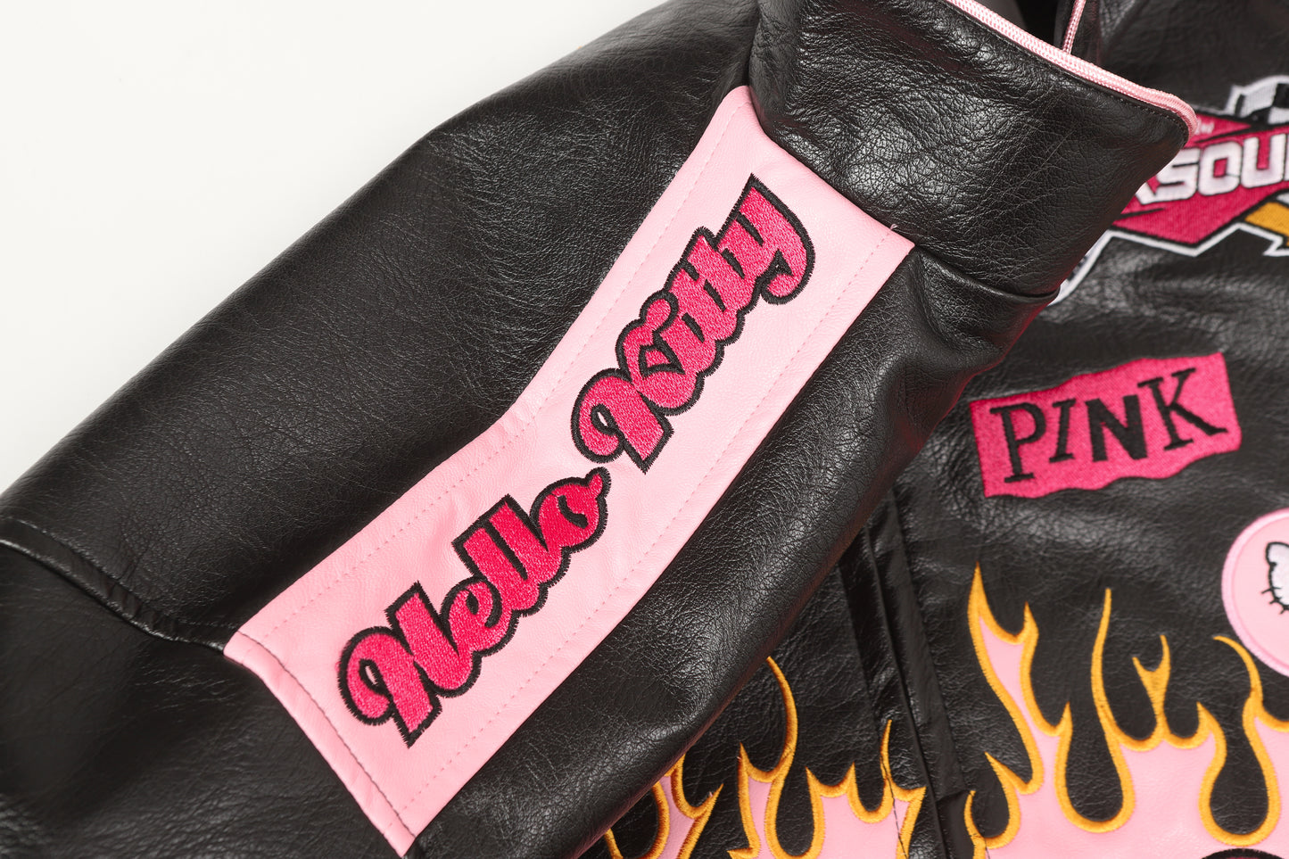 Hellokitty Pink Flame Faux Leather Jacket Oversized Racing Motorcycle Jackets Moto Coats Unisex Trendy Streetwear Jacket
